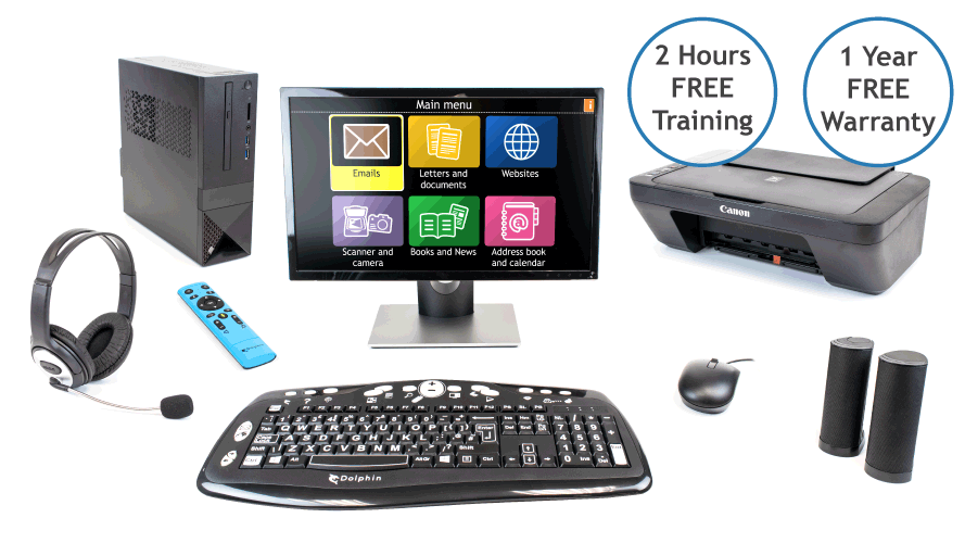 GuideConnect on a Desktop PC, printer, headset, speakers, Dolphin keyboard and mouse.